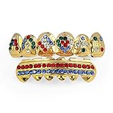 FasterS 14K Gold Plated Colorful ICED OUT CZ Poker Teeth Grillz Top Bottom Tooth Caps Hip Hop Bling Jewelry