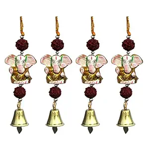 Handicrafts Paradise Ganesha with Double Rudraksha and Metal Bell Paper Mache Door Hanging (4.5 cm x 1.2 cm x 12.75 cm, Set of 4)