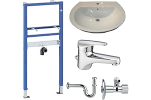 BADOSAN GEBERIT Waschtisch-Vorwandelement DuofixBasic + LIFE 60 cm Waschtisch weiß + Light 2 Armatur Komplettset