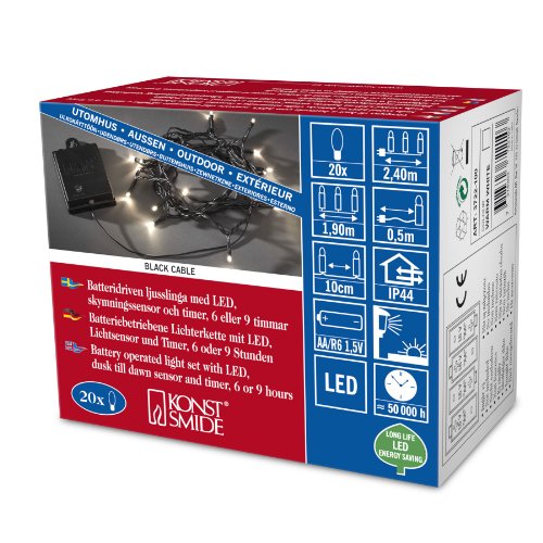 Konstsmide 3722-100 - Filo luminoso con sensore e timer 6/9 ore, 20x LED a batteria, luce bianca naturale/calda, cavo nero