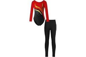 iEFiEL Mädchen Turnanzug Glitzer Gymnastik Leotard Langarm Akrobatik Anzug Tanzkostüme Turnbody Jumpsuit mit Lang Leggings