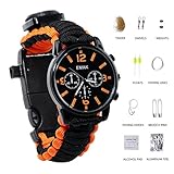 Paracord Survival Uhren/Armband Notfall Kit, Herren & Damen Outdoor Survival Armband mit Kompass pfeifen, Schaber und feuersteinstab Fanggeräte, 16 in 1 Survival Kit, Orange