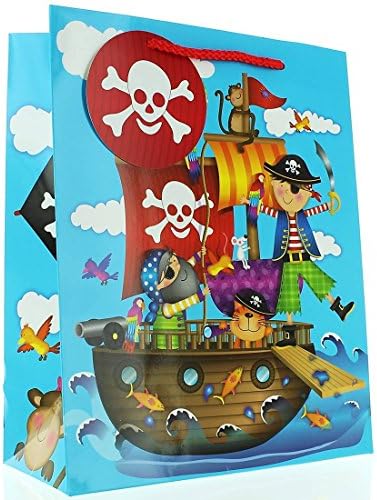 Medium Male Gift Bag - Juvenile Blue Pirates, Little Ship &amp; Animals 10" x 8.5"