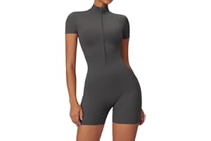 Ecupper Femmes Combinaison Manches Courtes Sport Bodysuit Douillet Bodycon avec Fermeture Éclair Une Pièce Romper Jumpsuit