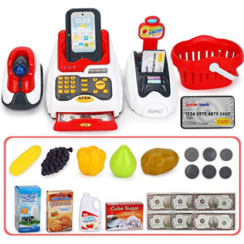 Preisvergleich Produktbild YVSoo 24Pcs Supermarkt Spielzeug Supermarktkasse mit Scanner Kinderspiel, Kinderkasse Registrierkasse Kreditkartenleser Spielkasse Kaufladen für Kinder Rollenspiel