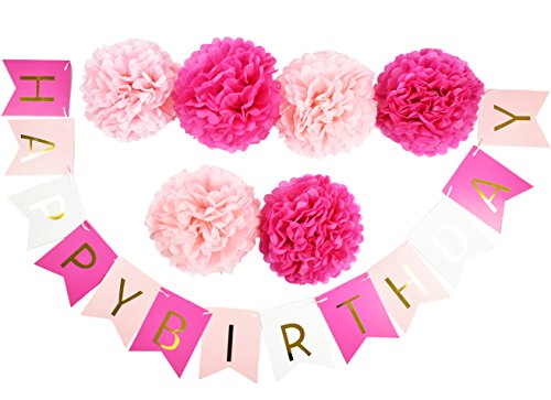 HAPPY BIRTHDAY Girlande Rosa Dekoration Serie 6er Set Seidenpapier PomPoms Deko - 2