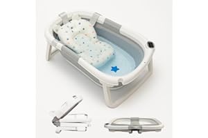 JOWY Foldable Baby Bathtub with Thermometer & Soft Cushion – Portable, Space-Saving, Travel, Non-Slip Design for Newborns, Infants, & Toddlers, Safety Plug & Bonus Rubber Duck (Grey)