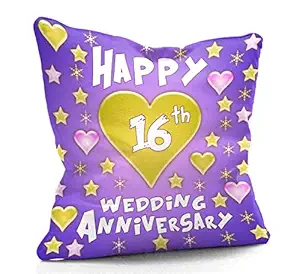 DreamVio Happy 16th Anniversary Cushion,Pillow for Gifting on Birthday's & Wedding to Couple,Husband, Wife, Friends Color : Purple (12 x 12 inch)