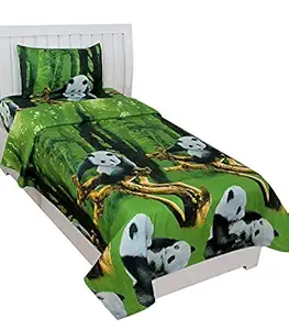 SinghsVillas Decor Presents Kids Green Panda Printed Single Bedsheet with 1 Pillow Cover