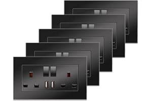 5 Pack CNBINGO Double Switched Socket with 2 USB Charging Ports, 2 Gang 13 Amp Electric Power Socket, Black PC Plate Wall Outlet