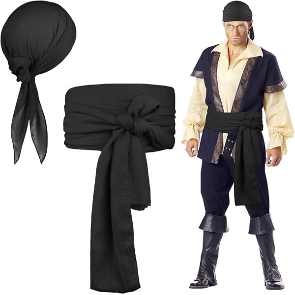 FUIPVGI 4 Pièces Deguisement Pirate,Ceinture et Bandana de Pirate,Costume de Capitaine de la Renaissance,Cache Oeil Pirate,Accessoires de Pirate pour Fête de Pirate d'Halloween Enfants Adultes