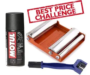 Grand Pitstop Chain Cleaning Brush with Motul C1 Clean 150 ml and Paddock Stand Replacement GRoller Medium Bikes, 220 kg for Cleaning and Lubrication, Orange