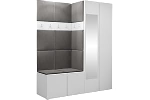 Mirjan24 Set di appendiabiti Monati XII, guardaroba con specchio, scarpiera, 2 grucce appendiabiti, pannello imbottito/pannello da parete, 6 ganci doppi per corridoio, appendiabiti da parete (bianco,