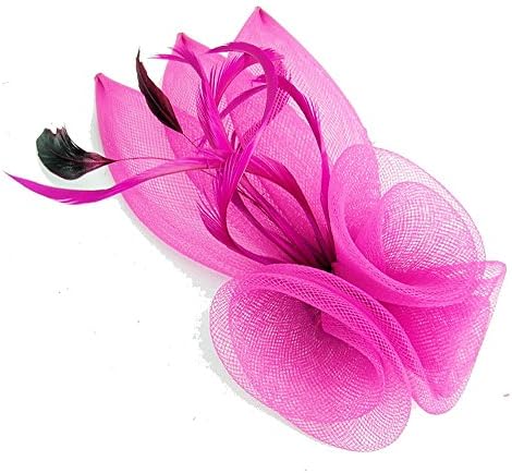 Stunning Hot Pink Mesh Three Flower and Triple Leaves Hair Fascinator with matching feathers approximate measurements 19cmsx12cms (Finished on Shaped Comb)