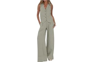 EQWIGKEIT Dos piezas de verano elegante blazer chalecos con botones y pierna ancha pantalones de 2 piezas sin mangas traje de negocios mujer verano casual viaje traje de mujer trajes de pantalones