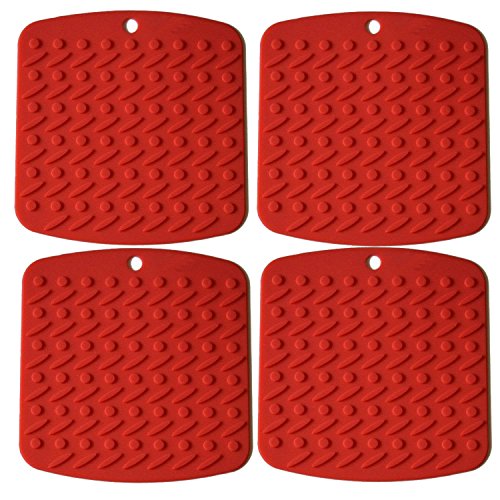 iNeibo Kitchen Silikon Untersetzer-4er Pack- hitzebeständig bis zu 230°C & Spülmachinefest- langlebig- 4 Unterschiedliche Farbe- Multifunktions: topflappen, topfhalter, topfschoner, Deckelöffner (rot)