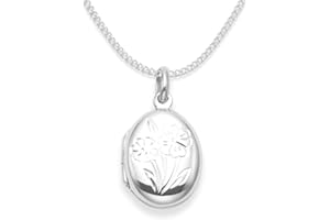 HEATHER NEEDHAM SILVER Heather Needham 925 Sterling Silver Children's Locket Necklace on 15" Silver Chain - opening locket with flowers - Size: 17mm x 14mm. Quality Gift Box 8011/15/B54.