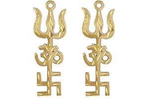 BILLION DEALS Trishakti Yantra Trishul Om Swastika Decorative Spiritual Vastu Items Brass Indian Hindu Religious Wall Home Decor Kitchen Pooja Mandir Temple Hanging Good Luck Showpiece Set of 2 - Gold