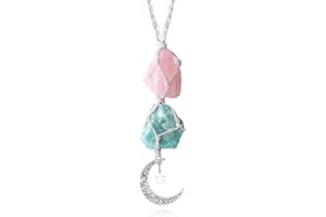 Sahoottie Healing Crystal Hanging Ornament Car Hanging Accessories Moon Star Rose Quartz Amazonite Raw Crystal Pendant Reiki Boho Decorative Window Wall Hanging Car Charm
