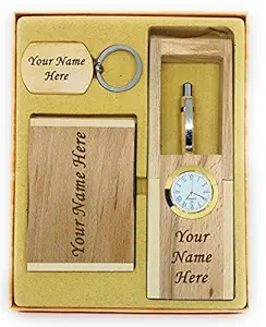 CrownLit Wooden Ball Pen, Pen Card Holder, Keychain Set with Your Name Engraved on It