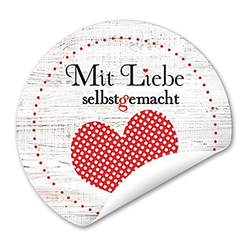48 Stück Aufkleber Sticker „Mit Liebe selbstgemacht“ und rotem Herz auf weißem Holz; 4 cm, rund – für Geschenktüten, Selbstgemachtes, Mitgebsel oder einfach so! 1a-Qualität, eigene Herstellung - 2