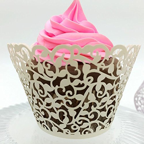 Cupcake Wrappers 100 Filigree Künstlerische backen Kuchen Papierbecher kleine Rebe Spitze Laser Cut Liner Baking Cup Muffin-Kasten Untersatz für Hochzeit Geburtstag Dekoration (Creme Weiß) - 4
