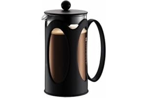 Bodum Kenya Cafetière à Piston - 1L / 8 Tasses - Cafetière Manuelle en Verre Borosilicate et Inox - Passe au Lave-Vaisselle - Fabriquée au Portugal