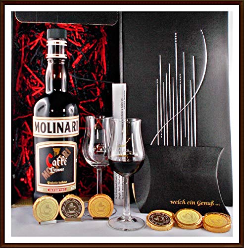 Geschenk Flasche Molinari Caffé Liquore mit 9 Coffee & Choc Taler und 2 Gläser im Geschenk Karton, kostenloser Versand