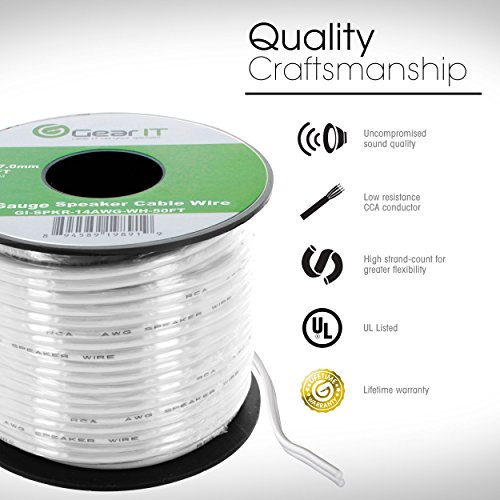 16AWG Gauge Speaker Wire, GearIT Pro Series 16 AWG Gauge Speaker Wire Cable (100 Feet/30.48 Meters) Great Use for Home Theater Speakers and Car Speakers, White