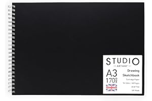Artway Studio – Spiral Bound A3 Sketchbook – Landscape - 96 Sides/48 Pages of 170gsm Cartridge Paper – Black Hardback Sketchbook
