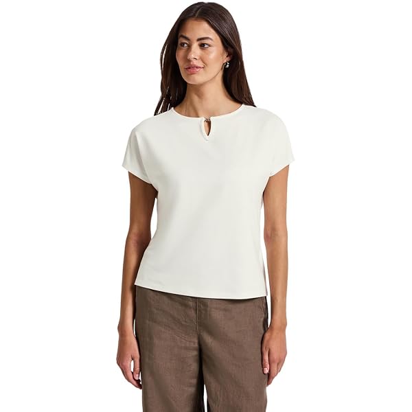 Street One Maglietta Basic Donna Con Nastro Decorativo Sulle Maniche – Morbida In Modal E Cotone, Girocollo, Maniche Corte
