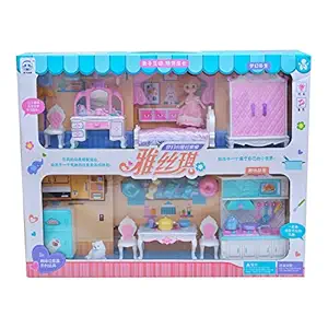 Kids Dolls Playhouse Set Large Size Includes Bed, Drawer, Dressing Table, Almaris n Kitchen Set in Pink n Blue Color (Pink)
