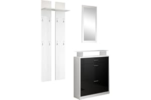 MB Muebles Bonitos, Conjunto Recibidor Paola Set con Zapatero, Espejo, Perchero, Luz LED, Diseño Moderno, Melamina Brillo, Color Blanco y Negro