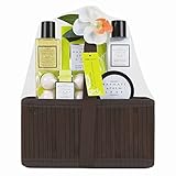 Invero® 5 Piece Ladies Basmati and Palm Leaf Bath Hamper Gift Set - Presented in Luxurious Wooden Basket with Ribbon ideal Present for Loved Ones, Family or Friends