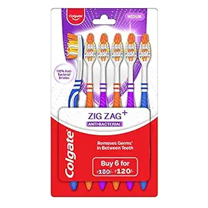 Colgate ZigZag Toothbrush, Pack of 6 Medium Multicolour Soft Tooth brush, Antibacterial with Compact Brush Head for Deep & Complete Cleansing