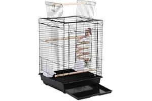 Abician Cage à Oiseaux en Métal pour Petits Oiseaux, Cage à Perruches avec Jouet, Corde à Clochette, 3 Perchoirs, 2 Mangeoirs, 1 Toit Ouvert 40 x 40 x 58 cm Noir