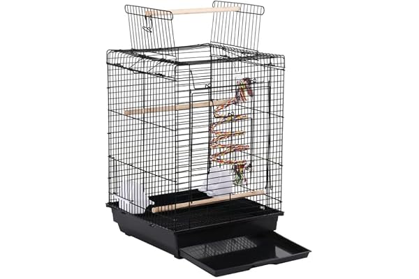 Abician Cage à Oiseaux en Métal pour Petits Oiseaux, Cage à Perruches avec Jouet, Corde à Clochette, 3 Perchoirs, 2 Mangeoirs, 1 Toit Ouvert 40 x 40 x 58 cm Noir