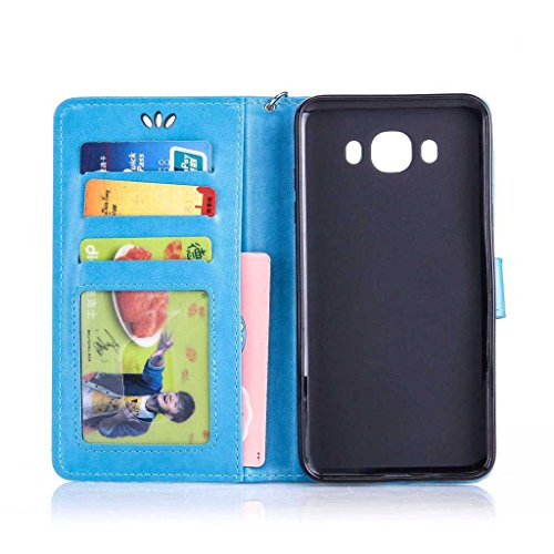 Galaxy J7 2016 Hülle Ledertasche [mit Frei Hartglas Displayschutzfolie], KKEIKO® Schutzhülle PU Leder Tasche Hülle Case für Samsung Galaxy J7 2016, Wickelfalz Handyhülle mit Bändselloch Standfunktion Karteneinschub und Magnetverschluss, Kratzfeste Lederhülle Flip Wallet (Blau #7) - 4