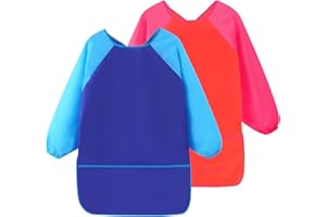 CATIME Pack of 2 Children's Painting Aprons, Children's Painting Coat with Long Sleeves and Pockets, Girls Boy Craft Apron, Blue & Red Children's Coat Apron for Art, Crafts, Painting, Cooking, Baking, Food