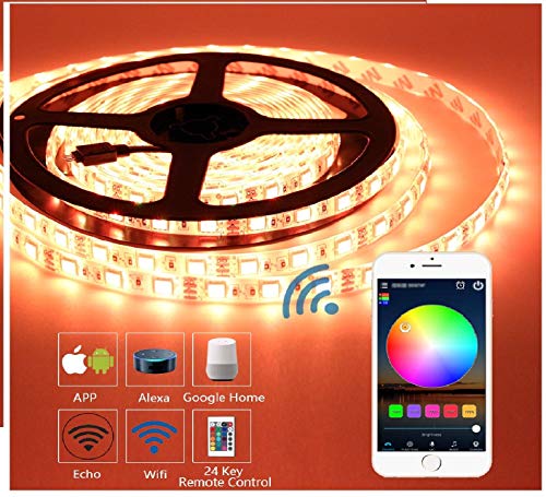 Tiras LED RGB,5 Metro 5050 SMD 300LEDs 2.4GHz Wifi,Multicolor Regulable Compatible con Alexa,Google Home IP65 Impermeable(Control Remoto 24 Teclas y Adaptador de Alimentacion incluido)