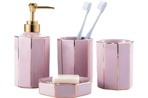 WPM WORLD PRODUCTS MART 4 Piece Ceramic Bathroom Accessories Set - Blush Rose Pink Gold - Complete Bath Decor Kit Includes Designer Soap and Lotion Dispenser - Cup - Tumbler - Soap Dish (DESIGN2)