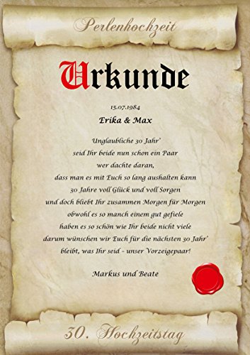 Perlenhochzeit Urkunde persönliche Geschenk Karte zum 30. Hochzeitstag Pergament div. A4 Papier Motive