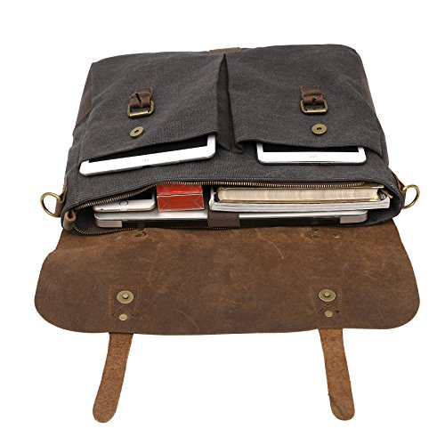 bupell Umhängetasche für Laptop und Akten aus echtem Büffel-Leder und Canvas – Für Notebooks bis 14″ – Unisex Vintage Messenger Bag, Aktentasche, Schultertasche, Notebooktasche – - 3
