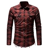 UJUNAOR Herren Slim Fit Knopf Plaid Hemd mit Tasche Langarmshirts Bluse M bis 3XL(L,Rot)