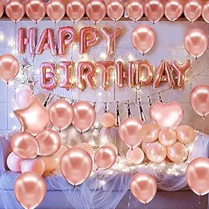 Party Propz Rose Gold Birthday Decorations Items For Party- 25 Pcs Happy Bday Decoration Kit - Rosegold Happy Birthday, Metallic, Foil Balloon With Led Fairy Light Happy Birthday Decoration Set For Girls