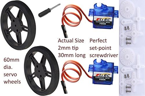 2 Pack Feetech FS90R Continuous Rotation 360 Degree 1.3Kg.cm Micro Servo with Screwdriver, Horn Sets and Wheels