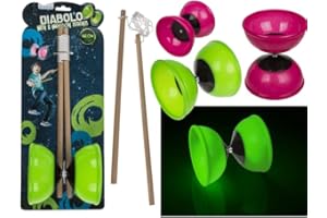 BLUECHOLON Diabolo professionnel avec baguettes en bois 40 cm ou métal 31,5 cm, kit complet pour débutants, jeu de jonglage en plein air, couleur aléatoire, à partir de 6 ans (bois - Brille l'obscurité)