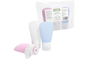 Larelle Silikonowe butelki podróżne, zestaw 3 sztuk, 3 x 60 ml, silikon bez BPA, pojemniki na płyny, szczelne, pojemnik podróżny, z przezroczystą torbą, jasnoniebieski, różowy, biały