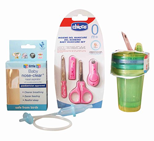 Baby Shower Bundle Manicure Set Pink, Nasal Aspirator, Feeding Cups 3 Pack
