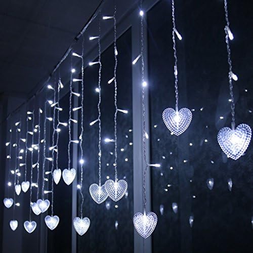 RosinKing Multi-Color 4M 96 LEDs 18P Hearts Love Shape LED String Curtain Light for Christmas Wedding Party Decoration Chandelier Luminaries (White)